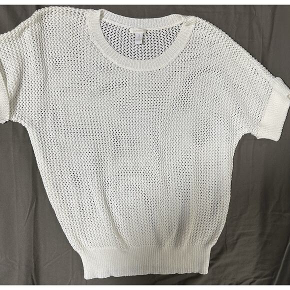 Chico’s Women’s Pullover Fishnet Sweater Knit Size 3 Beige Cuffed Short Sleeve - Picture 1 of 4